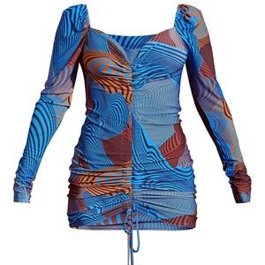 Blue Print Ruched Front Long Sleeve Bodycon Dress Size 8 UK(12)